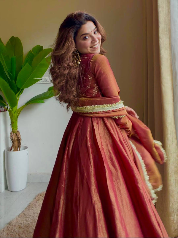 Rust Silk Embroidered Anarkali Suit Set with Dupatta
