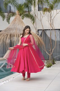 Nency Pink Floral Designer Pure Chanderi Anarkali Gown