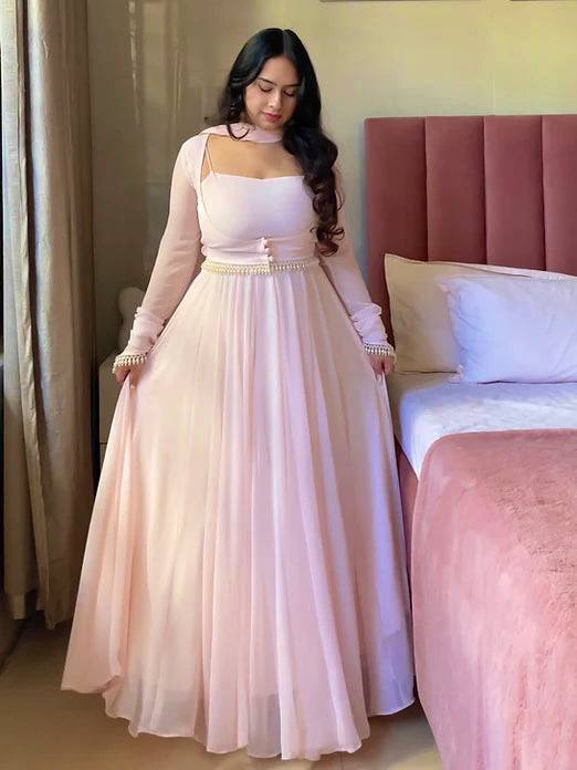 Blush Pink Elegant Anarkali Gown with Sheer Sleeves