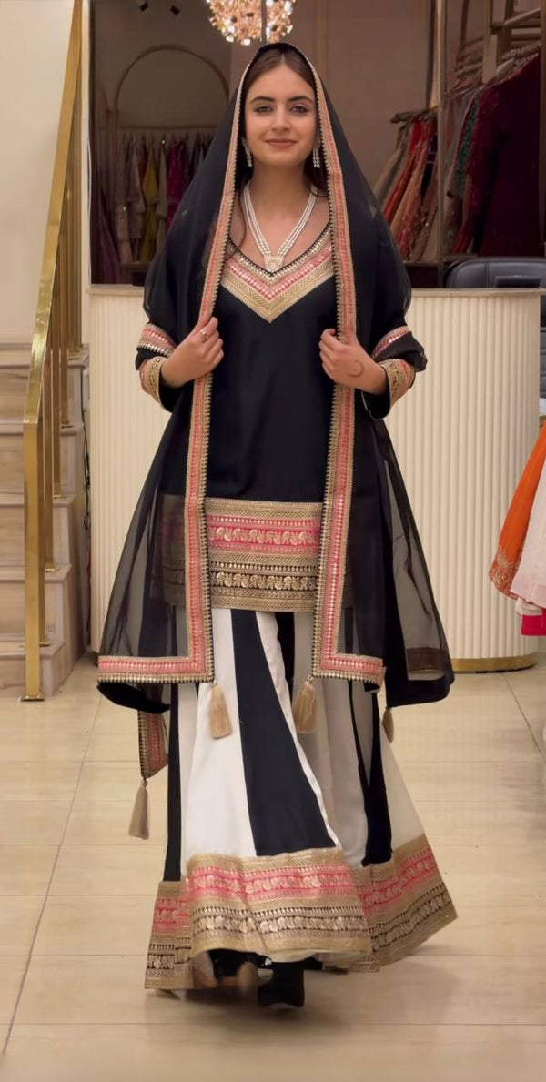 Black Embroidered Kurta Sharara Set with Natural Silk Dupatta