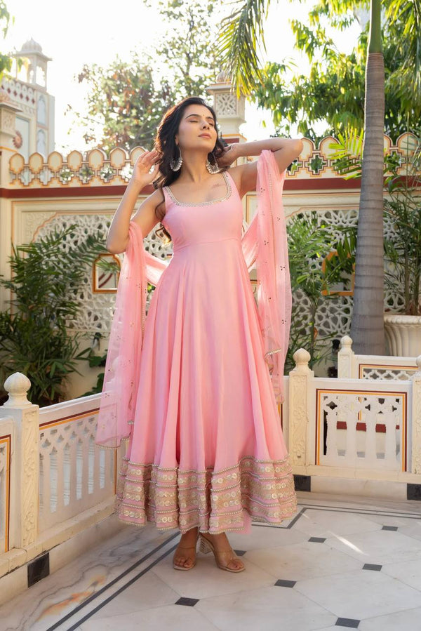 Priya Aarohi Baby Pink Flared Anarkali Suit Set with Embroidered Dupatta
