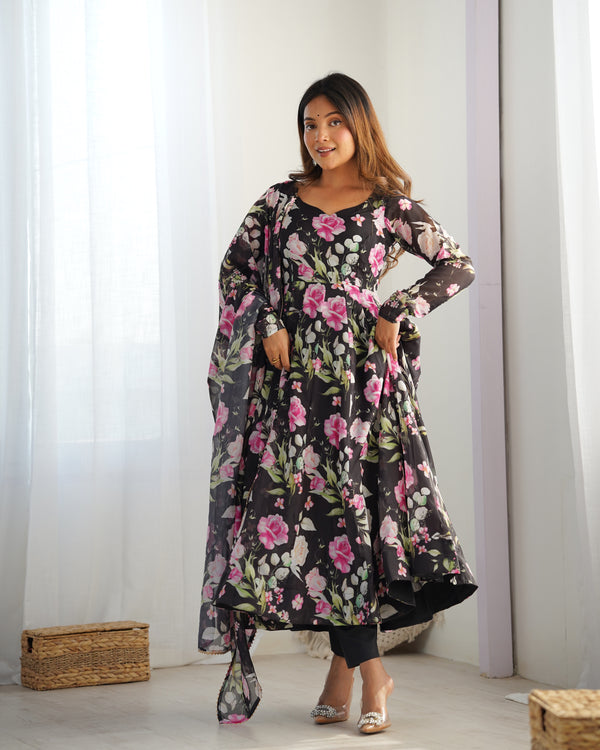 Maitri Black Floral Digital Printed Pure Organza Anarkali Gown
