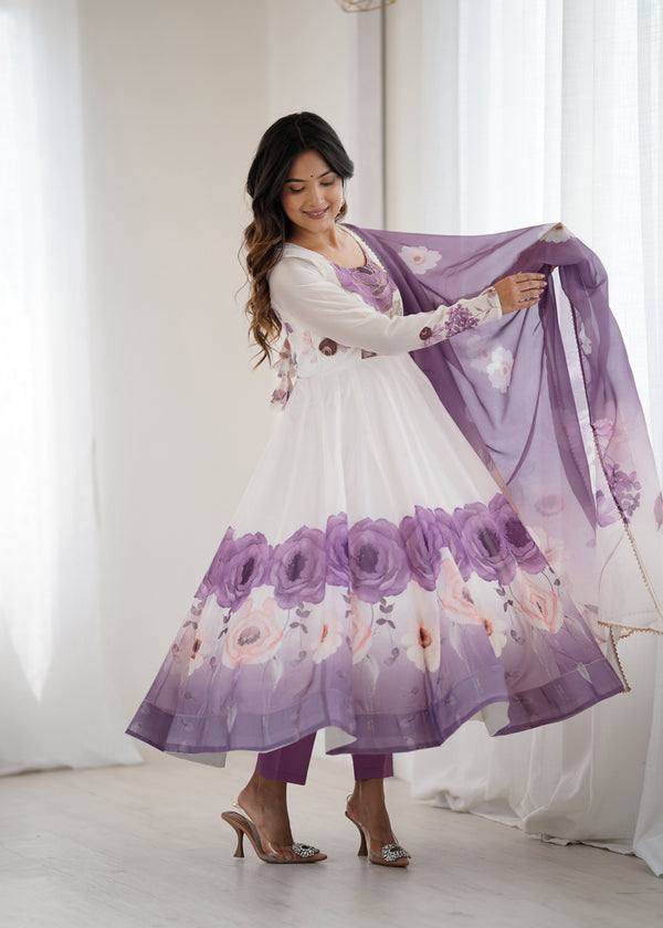 Goldy Flowers Purple Organza Silk Anarkali Gown
