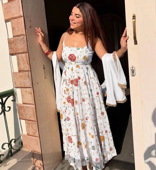 White Premium Anarkali Gown with Elegant Dupatta Set