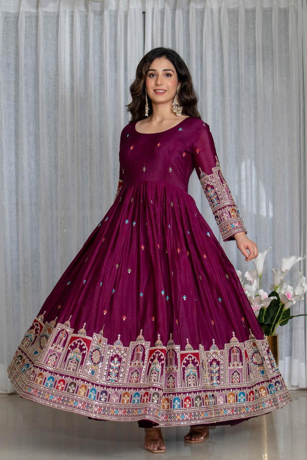 Tulip Wine Designer Cinon Silk Anarkali Suit Set
