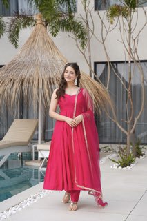 Nency Pink Floral Designer Pure Chanderi Anarkali Gown