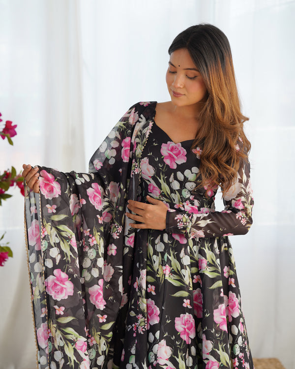 Maitri Black Floral Digital Printed Pure Organza Anarkali Gown