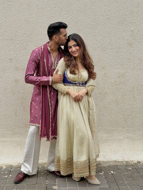 Nivya Off White Designer Embroidered Koti With Suit Set