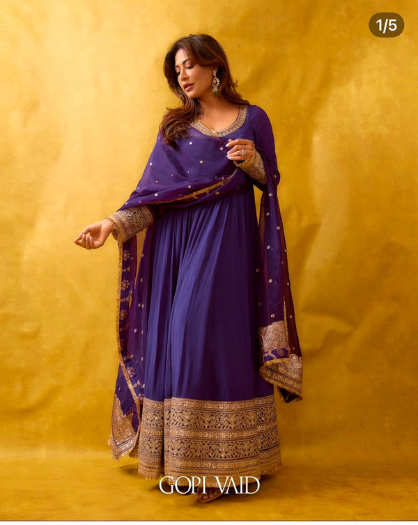 Purple Cinon Silk Anarkali Premium Suit Set
