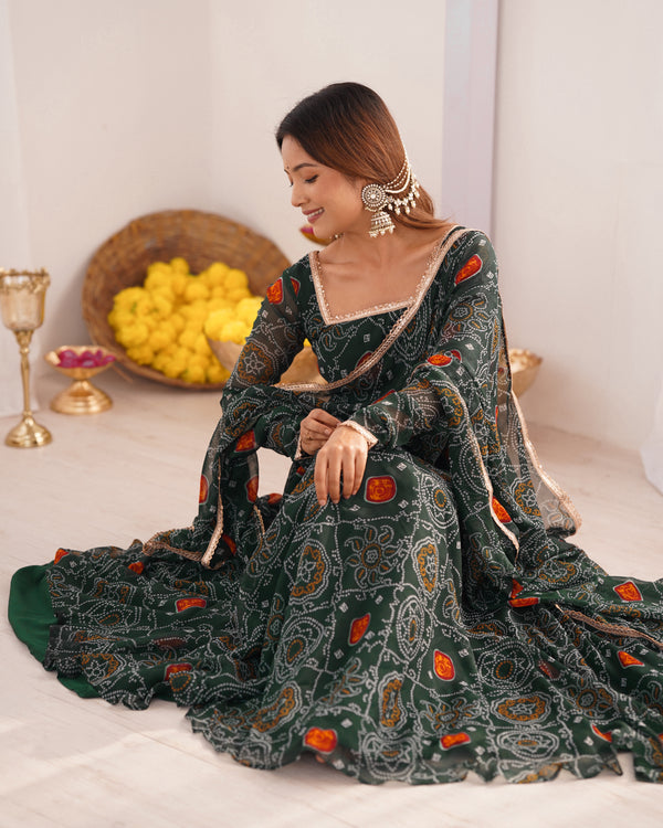 Bandhej Green Soft Chiffon Forest Designer Anarkali Gown