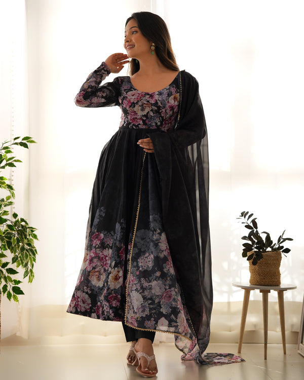 Sakura Printed Pure Soft Organza Jade Black Anarkali Gown