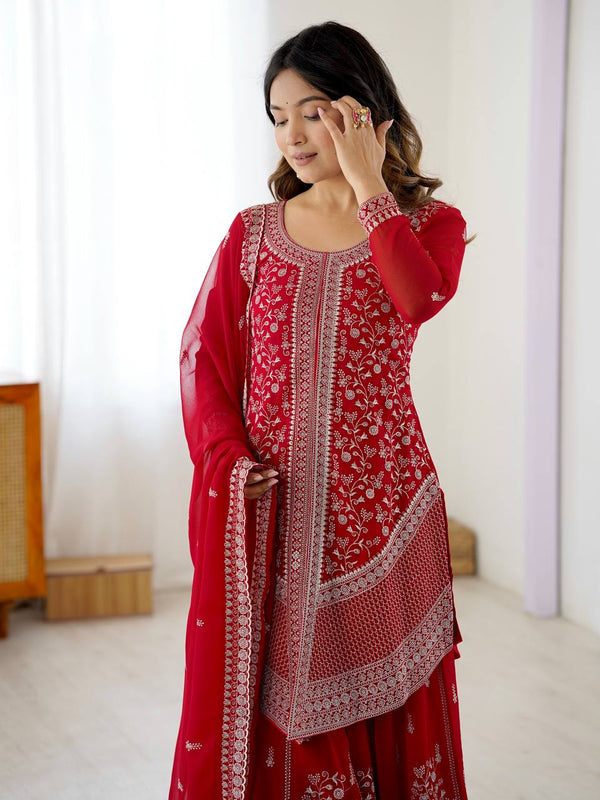 Red Fancy Faux Georgette Embroidered Suit Set