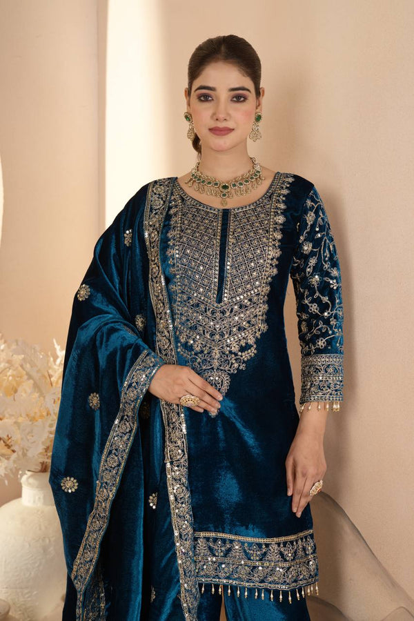 Blue Velvet Anarkali Suit Set with Dupatta