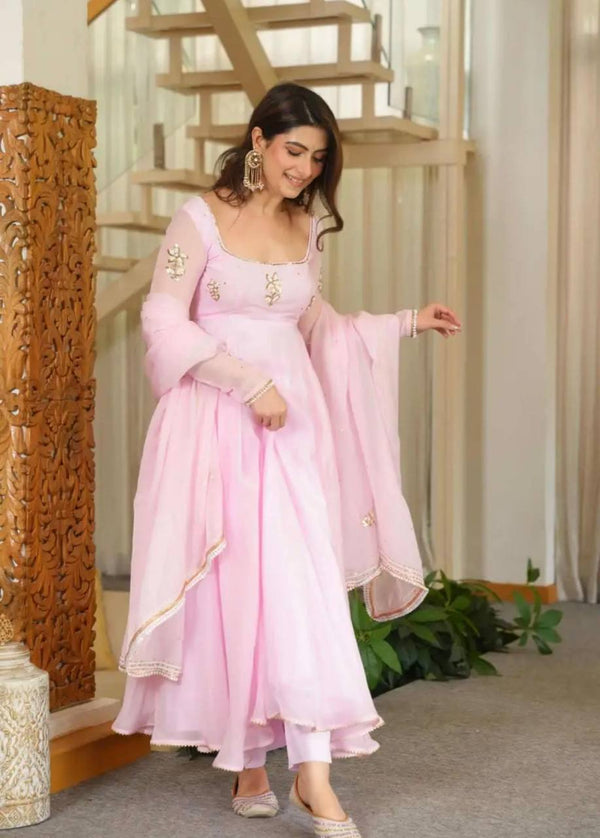 Nisha Baby Pink Embroidered Anarkali Suit Set with Dupatta