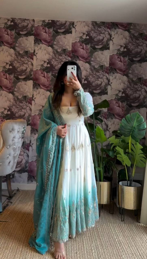 Yavira Aqua Drape Anarkali Suit Set