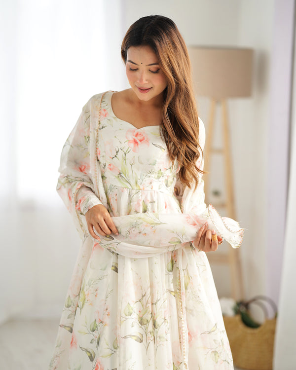 Maitri White Floral Digital Printed Pure Organza Anarkali Gown