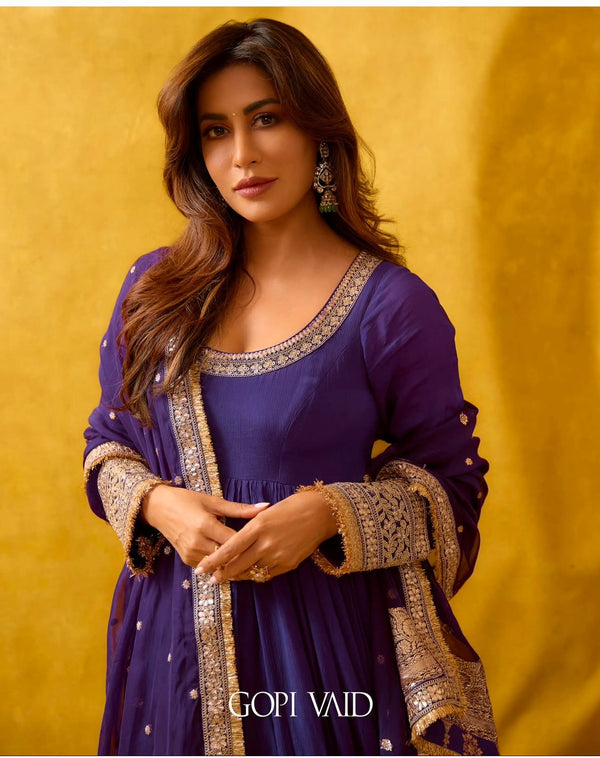 Purple Cinon Silk Anarkali Premium Suit Set