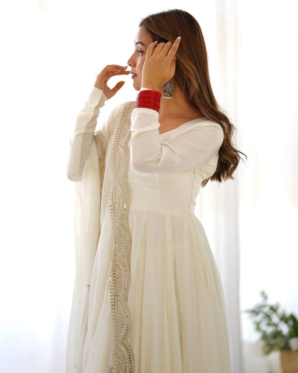 Divine Off White Colored Heavy Roman Silk Chanderi Anarkali Gown