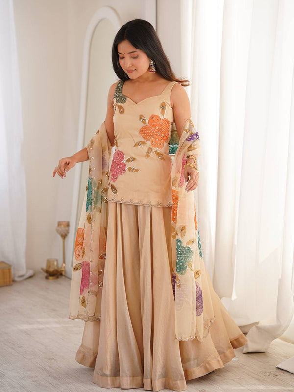Elegant Beige Floral Embroidered Sharara Suit Set with Dupatta