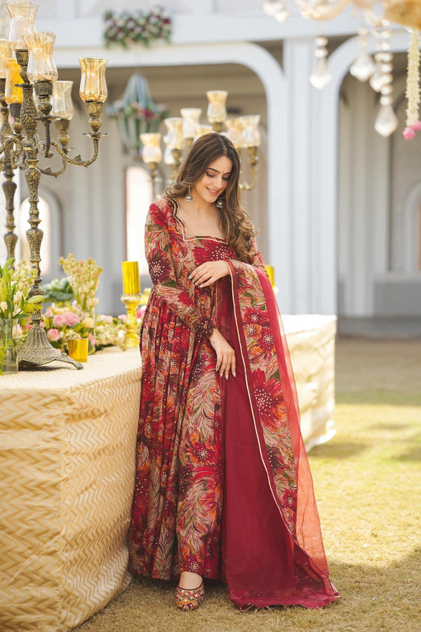 Salisha Red Malti Color Anarkali Suit Set