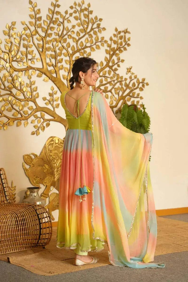 Pastel Green & Peach Flared Anarkali Suit Set with Dupatta