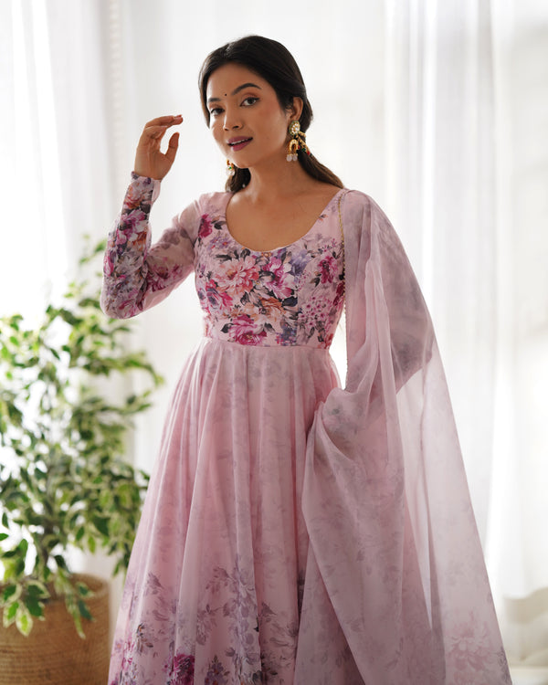 Sakura Printed Pure Soft Organza Jade Pink Anarkali Gown