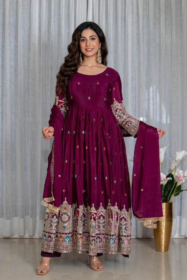Tulip Wine Designer Cinon Silk Anarkali Suit Set