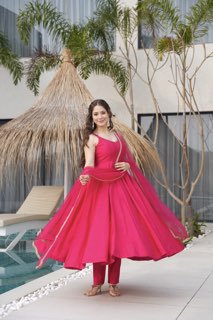 Nency Pink Floral Designer Pure Chanderi Anarkali Gown