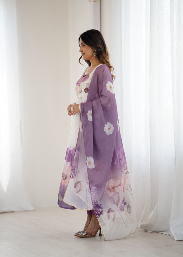 Goldy Flowers Purple Organza Silk Anarkali Gown