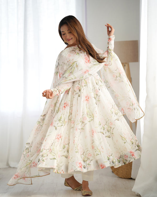Maitri White Floral Digital Printed Pure Organza Anarkali Gown