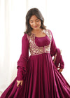 Wine Maroon Embroidered Flared Anarkali Suit Set with Dupatta