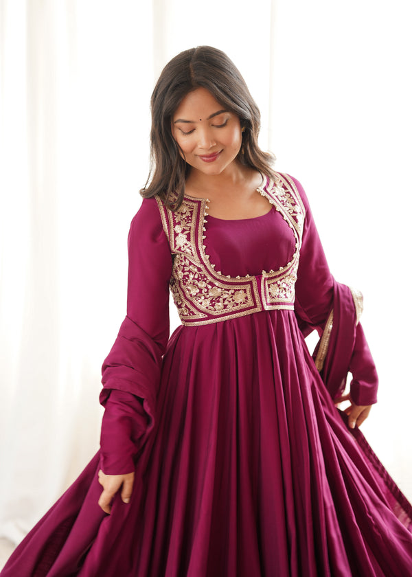 Wine Maroon Embroidered Flared Anarkali Suit Set with Dupatta