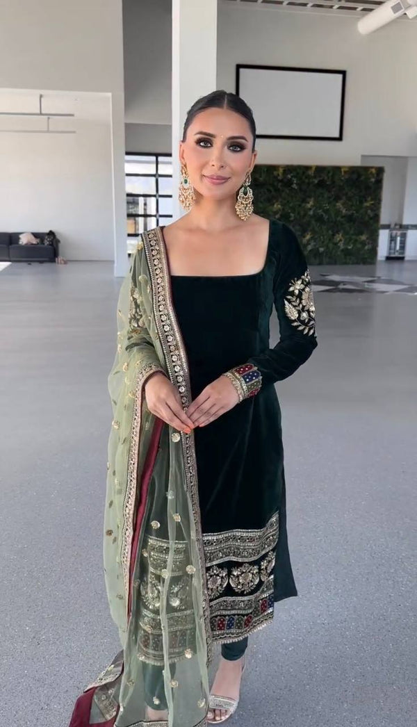 Green Velvet Premium Fancy Suit Set