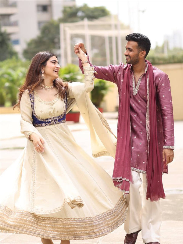 Nivya Off White Designer Embroidered Koti With Suit Set