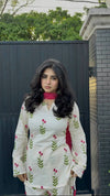 Ivory Floral Kurta Palazzo Set with Olive Green Dupatta