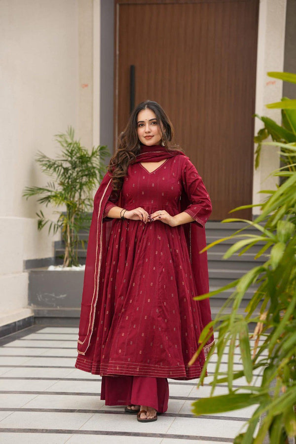 Sarjina Maroon Colour Maslin Anarkali Suit Set