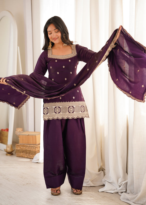 Women's Purple Embroidered Punjabi Suit Set with Dupatta
