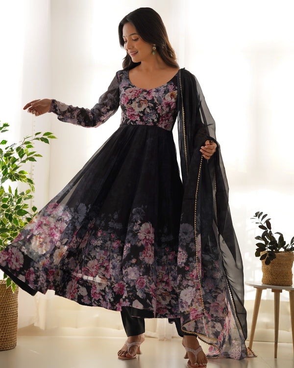 Sakura Printed Pure Soft Organza Jade Black Anarkali Gown