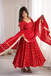 Women's Red Flared Anarkali Suit Set with Embroidered Dupatta