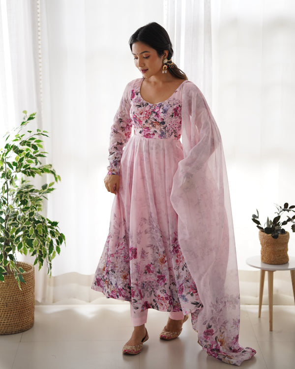 Sakura Printed Pure Soft Organza Jade Pink Anarkali Gown