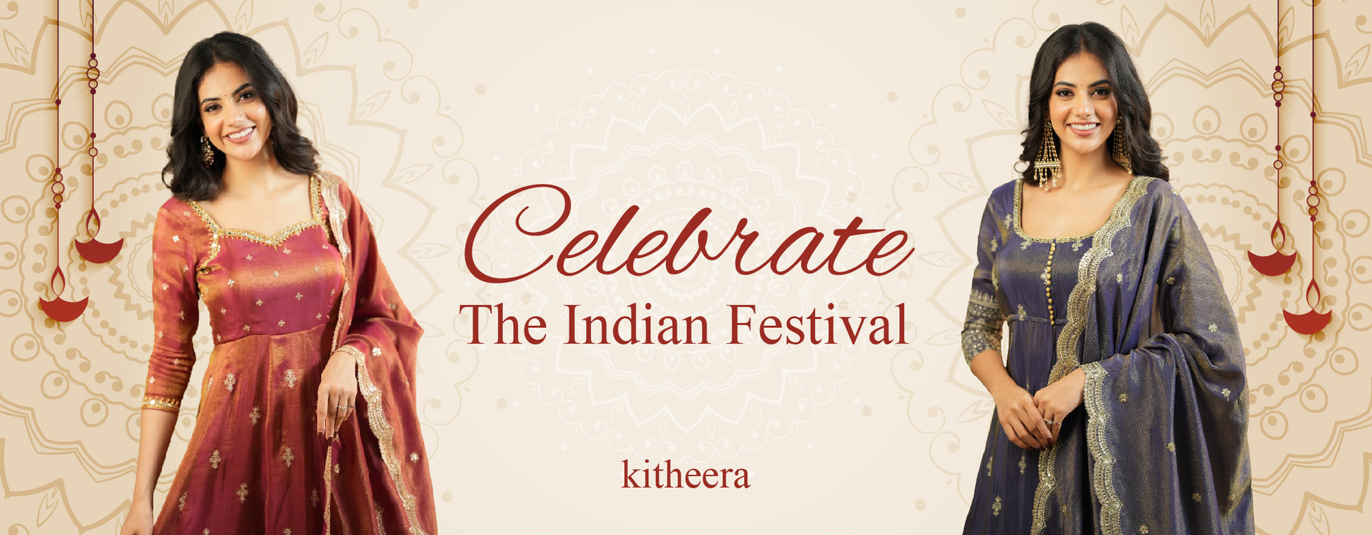 Two women in traditional Indian attire with 'Celebrate The Indian Festival' text and 'kitheera' branding.