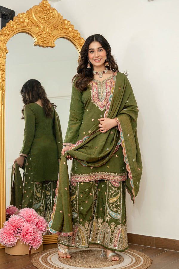 Zehra Green Embroidered Kurta Palazzo Dupatta Suit Set