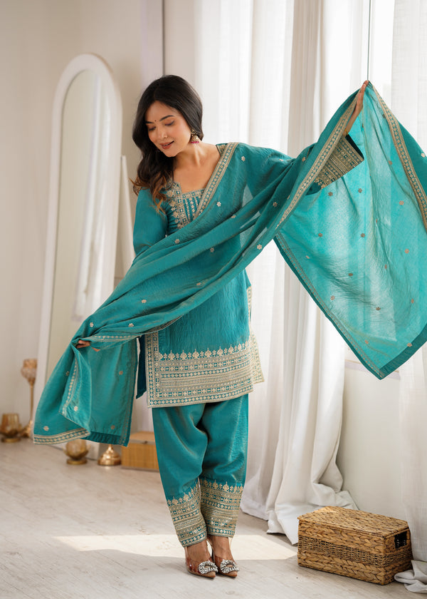 Traditional Sage Embroidered Punjabi Suit Set