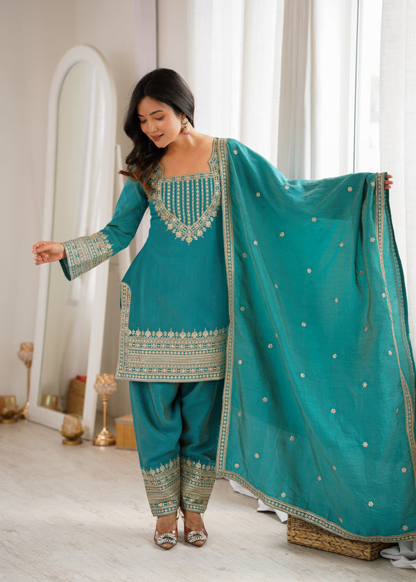 Traditional Sage Embroidered Punjabi Suit Set