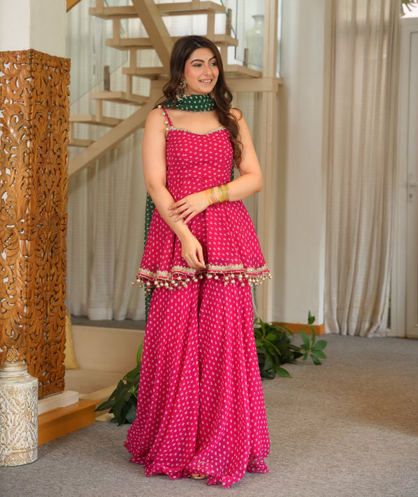 Pink Bandhani Print Sharara Suit Set with Green Dupatta