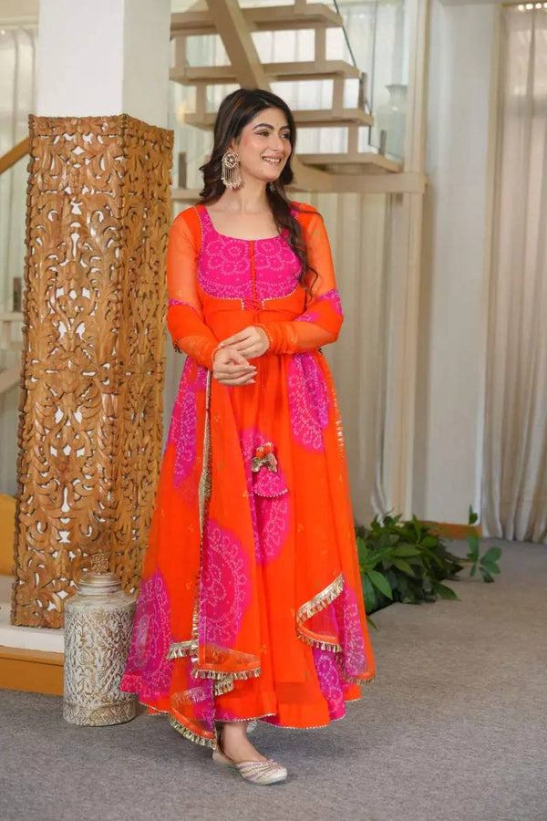 Graceful Purple And Orange Flared Ethnic Suit Set