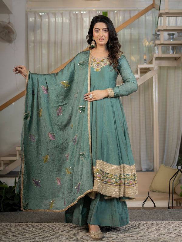 Designer Anarkali Suit Set with Rich Border & Neck Embroidery