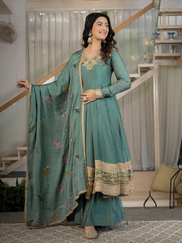 Designer Anarkali Suit Set with Rich Border & Neck Embroidery