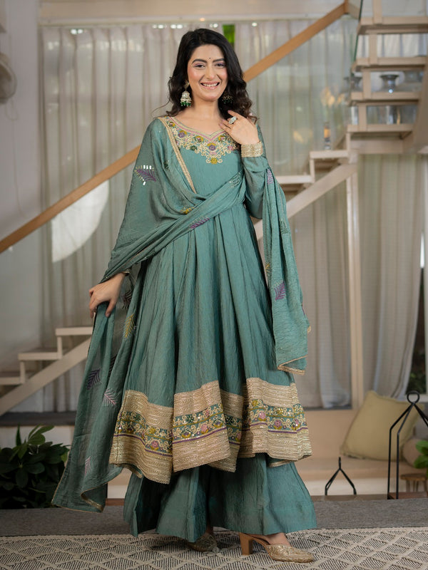 Designer Anarkali Suit Set with Rich Border & Neck Embroidery