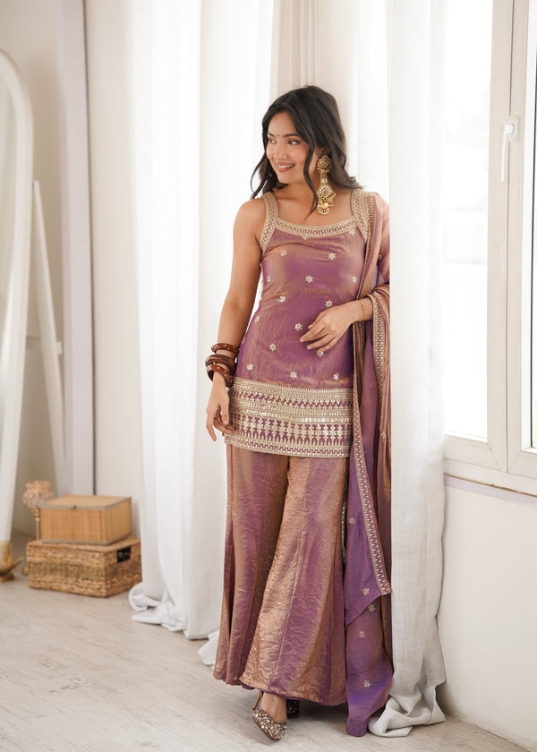 Aafreen Pink and Green Embroidered Kurta Sharara Set with Dupatta
